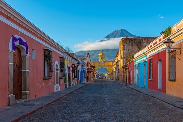 Antigua City Guatemala archway volcano