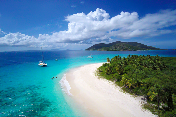 Aerial view of Sandy Cay and Jost Van Dyke BVI Canva Pro