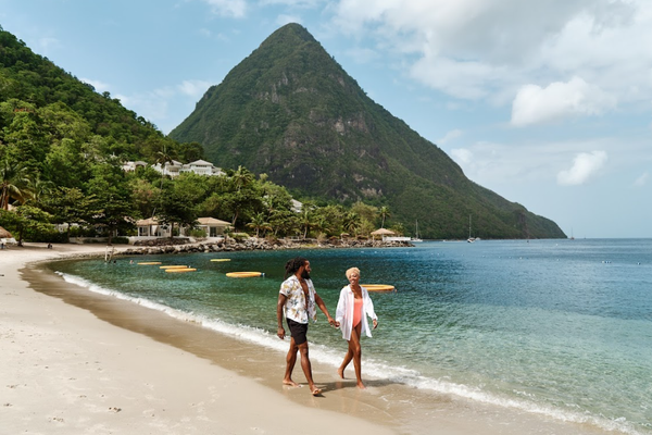 Romantic walk beach Pitons St Lucia